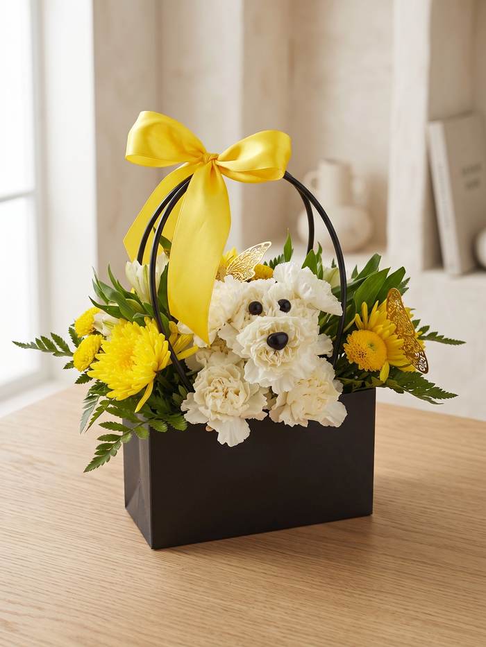 Arreglo en forma de perrito con claveles blancos