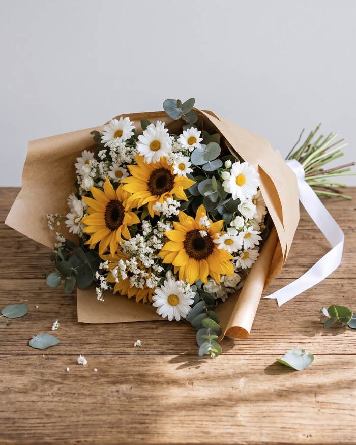 Girasoles y margaritas en papel kraft