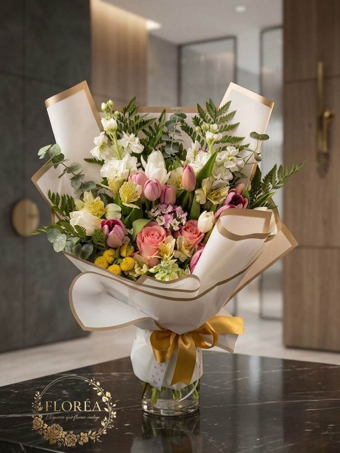 Ramo blanco y dorado para eventos